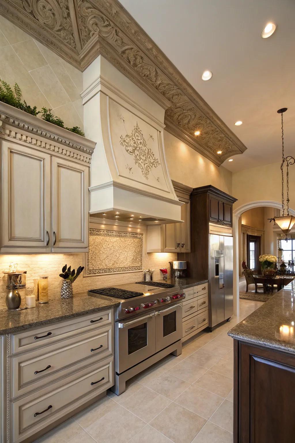 A culinary space showcasing broad crown molding, injecting elegance into its functional aesthetic.
