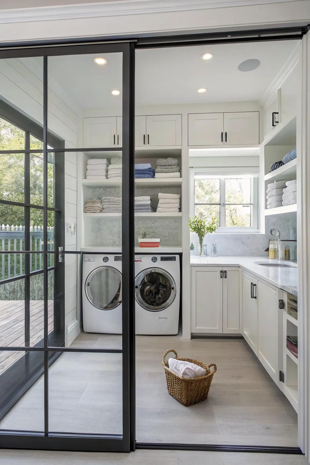 Glass panel doors cultivate a modern and vibrant laundry setting.
