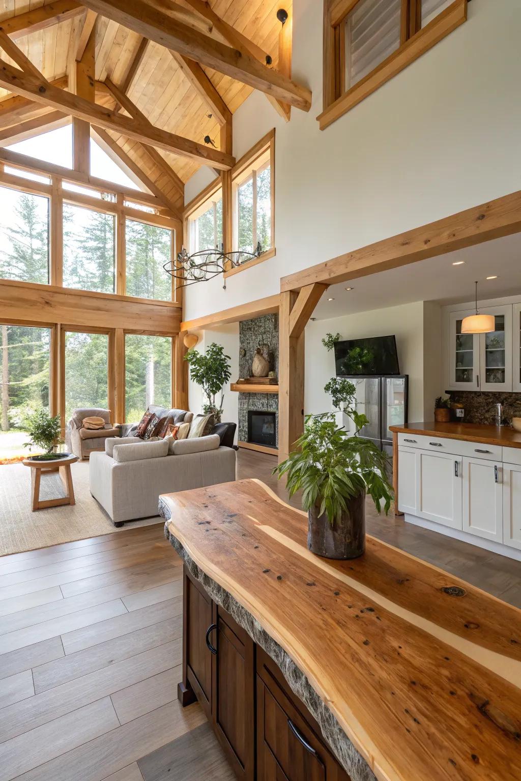 A raw edge countertop creating harmony in an open-plan layout.