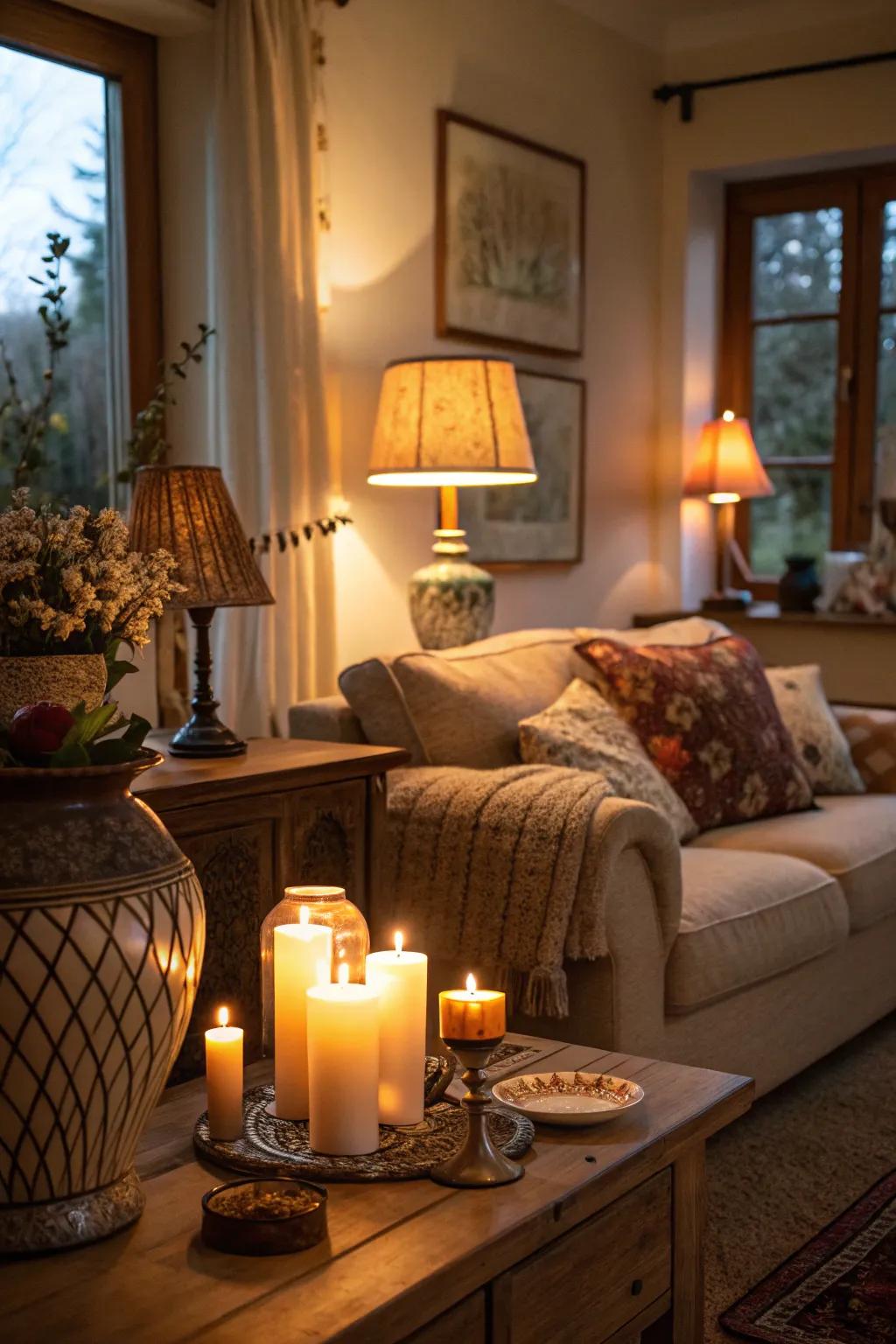 Soft lighting adds a serene and intimate ambiance to this cozy living room.