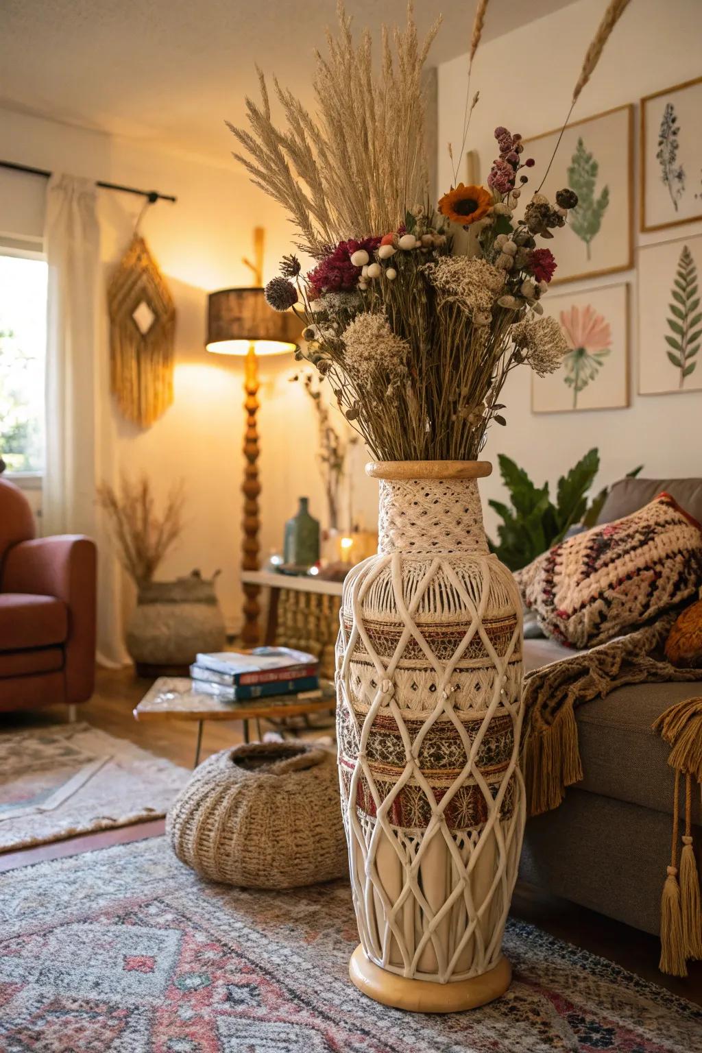 Laced rope adds a bohemian flair, turning a simple vase into a stylish decor piece.