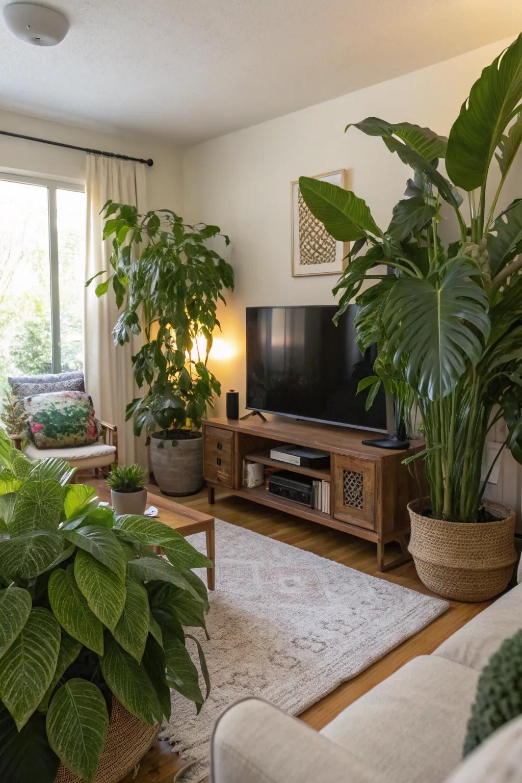 Greenery adds a fresh and lively touch to the TV area.