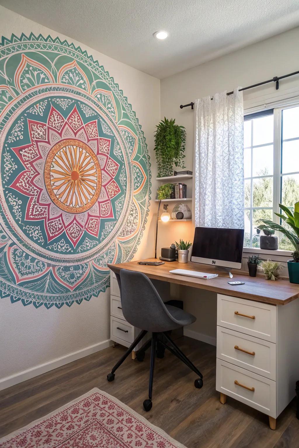 A motif wall mural inspiring creativity in a home office.