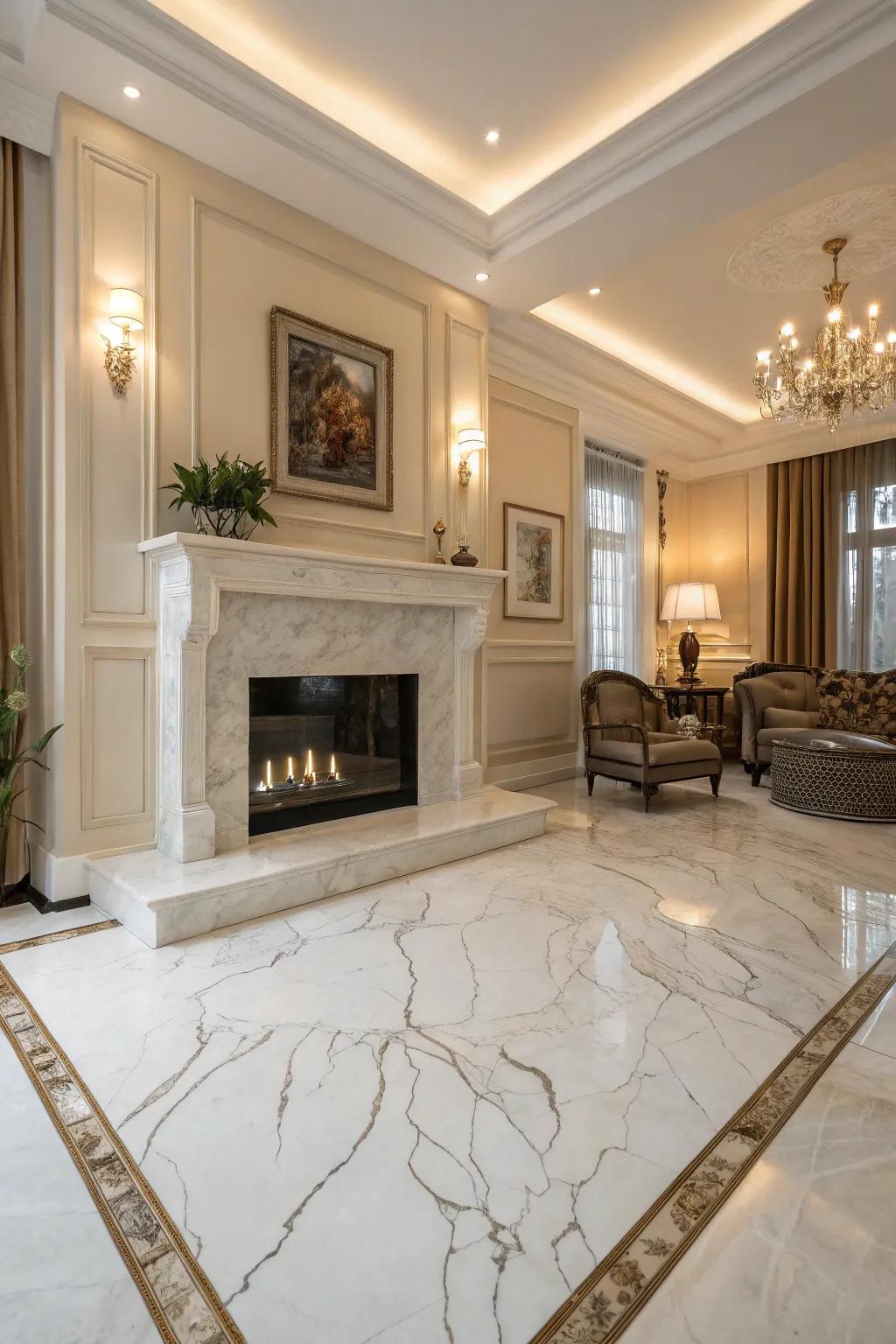 Enhancing marble emphasizes the fireplace as a center point.