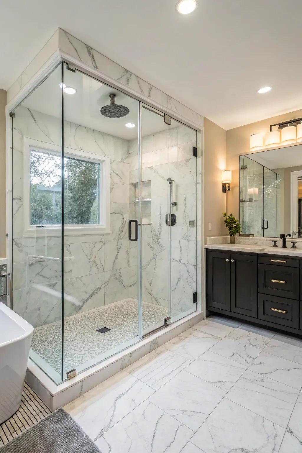 An open and inviting walk-in shower with marble porcelain tiles and frameless glass.