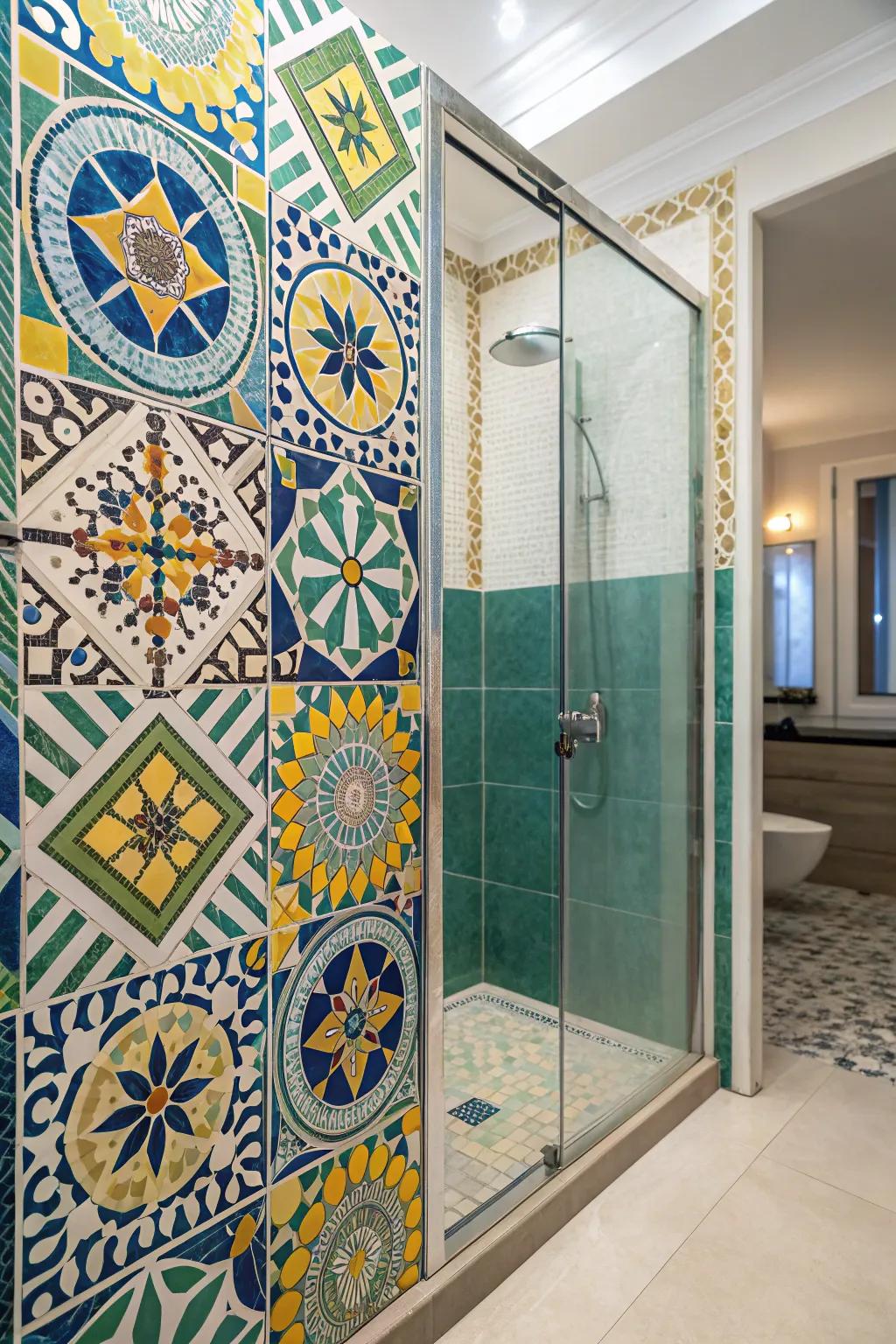 A shower featuring intricate mosaic tiles, bringing color and personality.