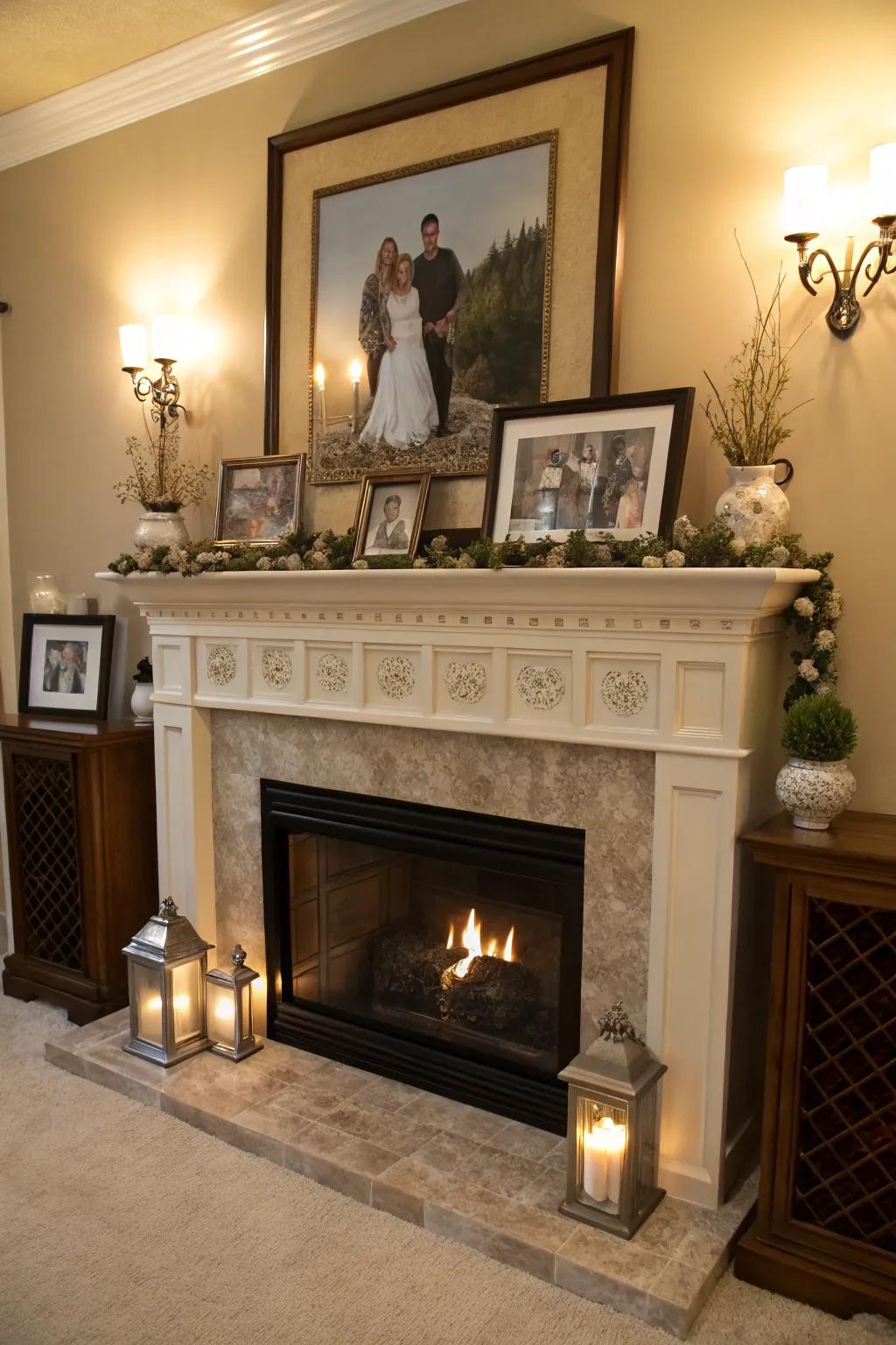 Personalize your mantel using treasured decorative items.