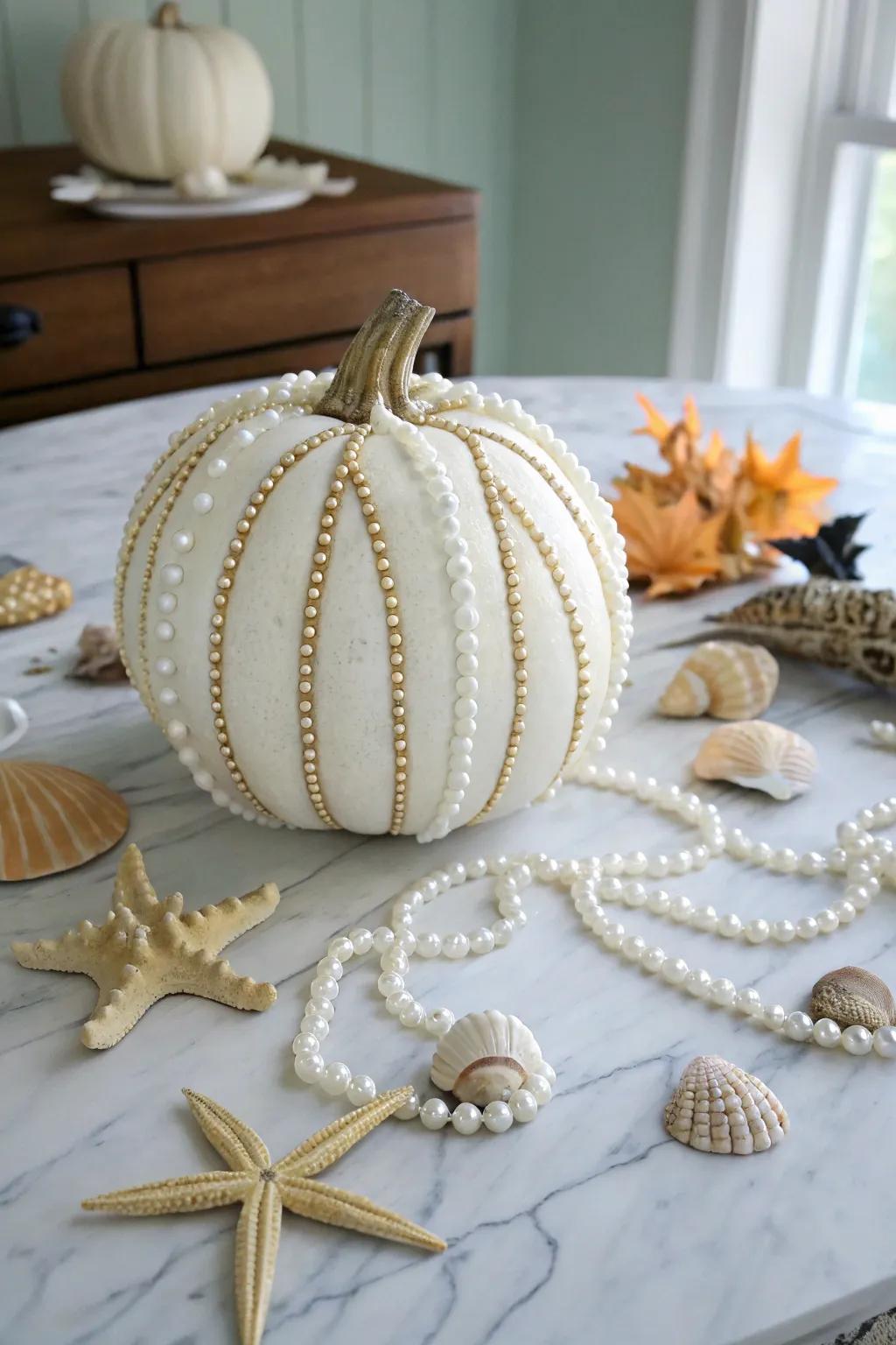 Pearls lend an air of elegance to your mermaid pumpkin.