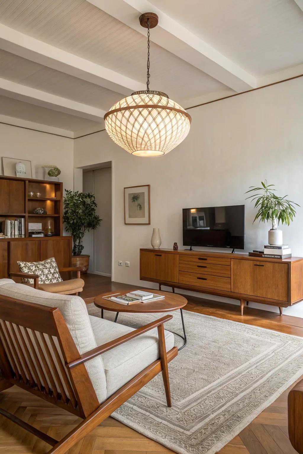 A modern pendant light serves as a central design feature in this mid-century living room.