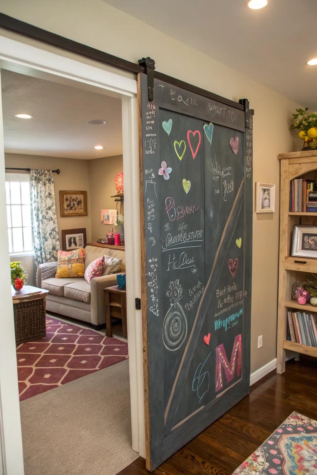 Chalkboard barn doors encourage creativity and interaction.