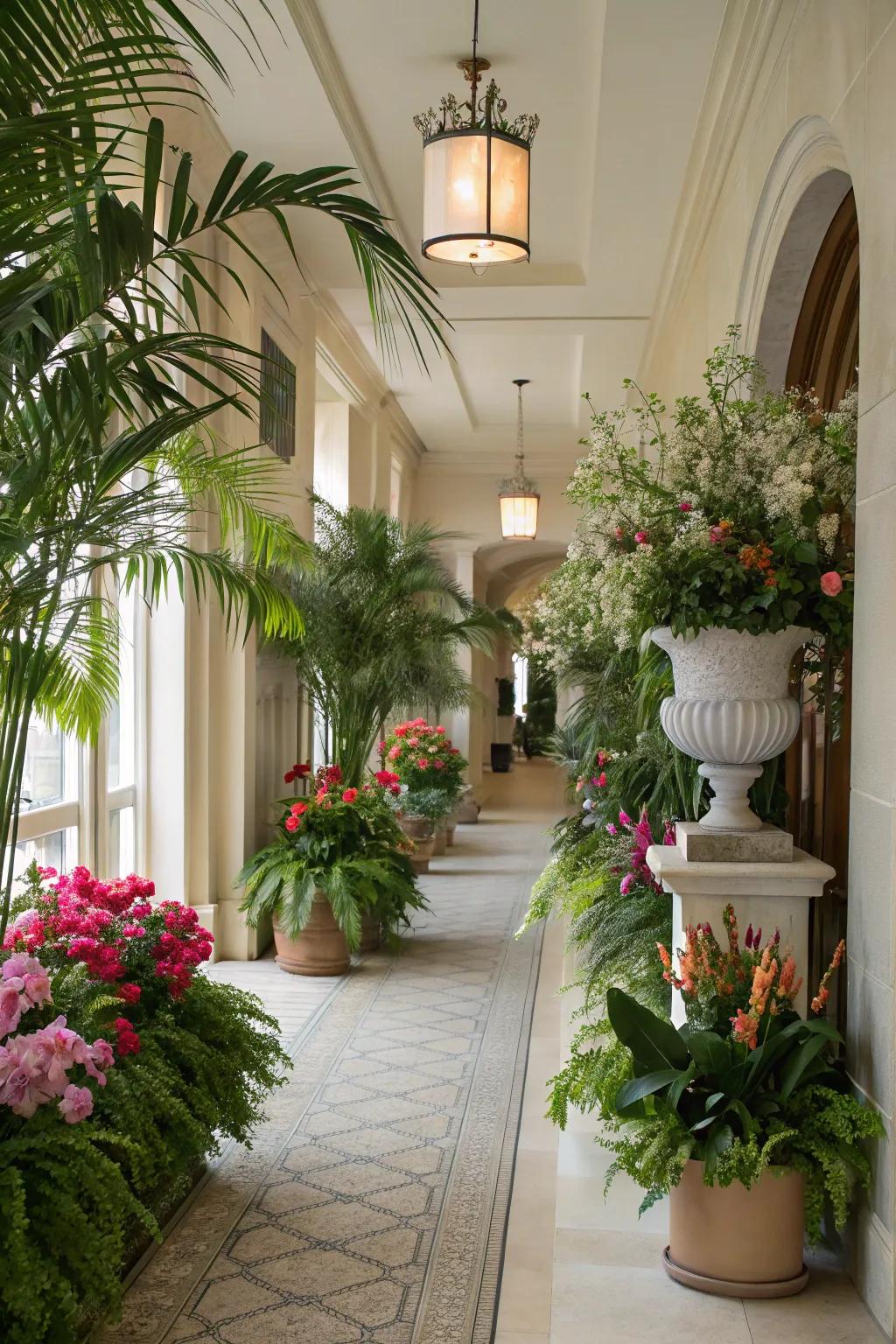 Natural elements like plants impart freshness and vibrancy to the hallway.
