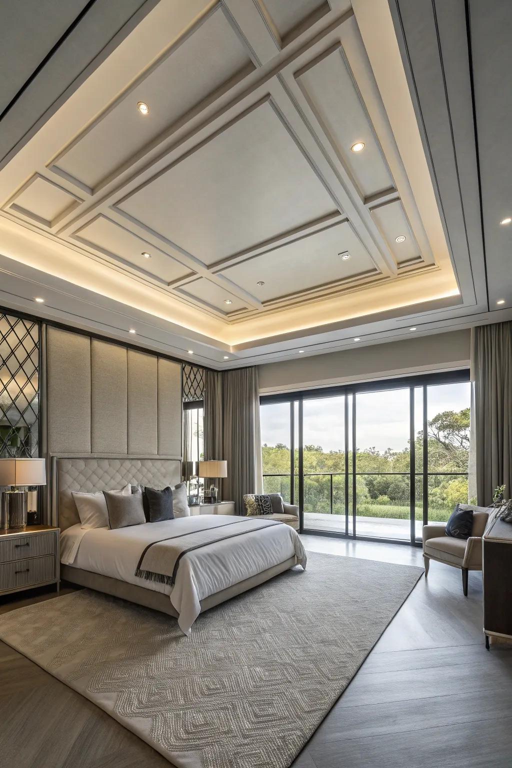 The bedroom's modern aesthetic is enhanced by architectural features.