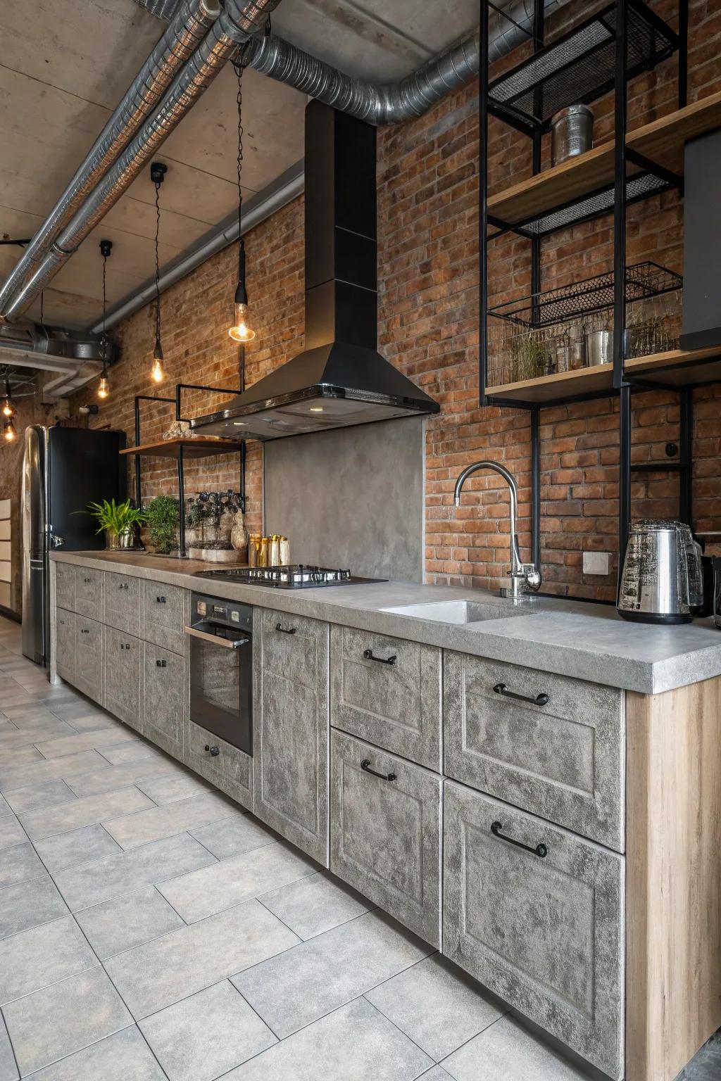 Concrete effect tiles bring urban sophistication to this kitchen.