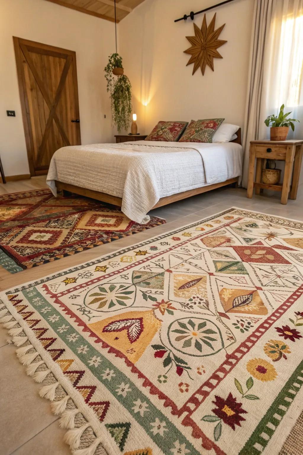 A bedroom featuring layered patterned rugs.