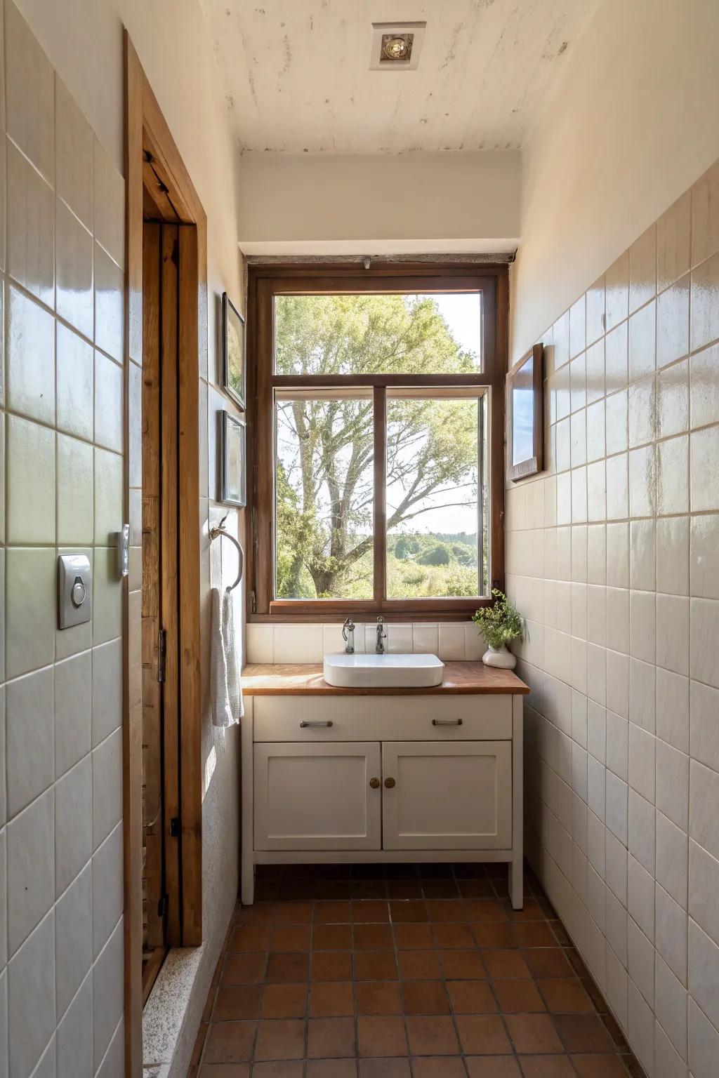 Natural light amplifies the openness and warmth of narrow bathrooms.