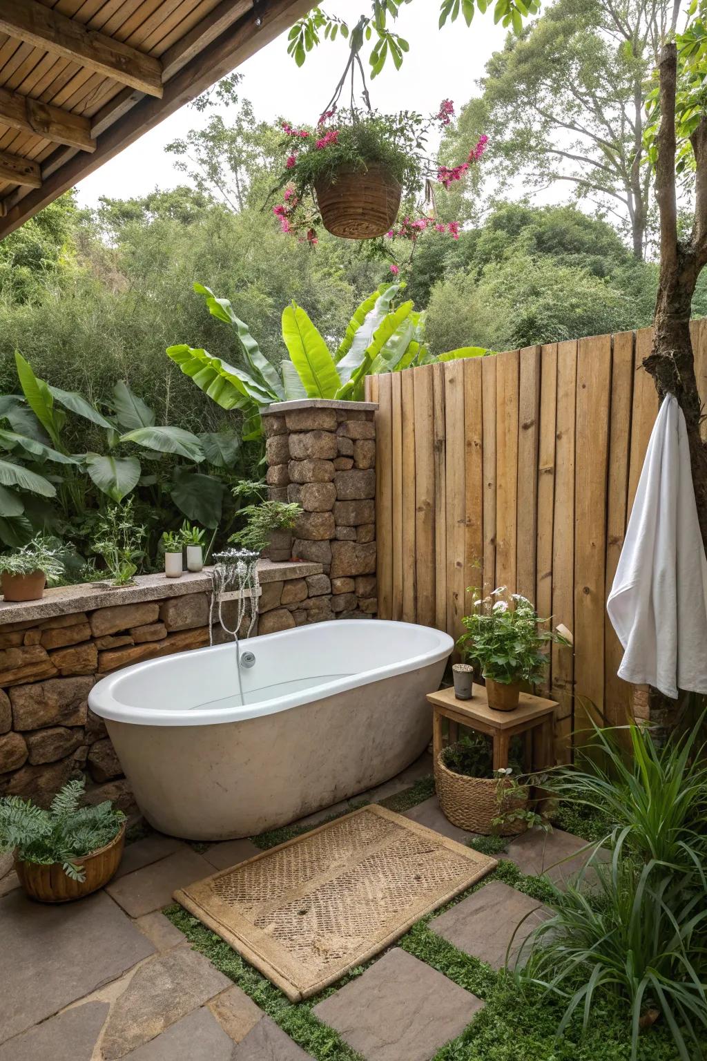Create a rustic hideaway with timber features around your bath.