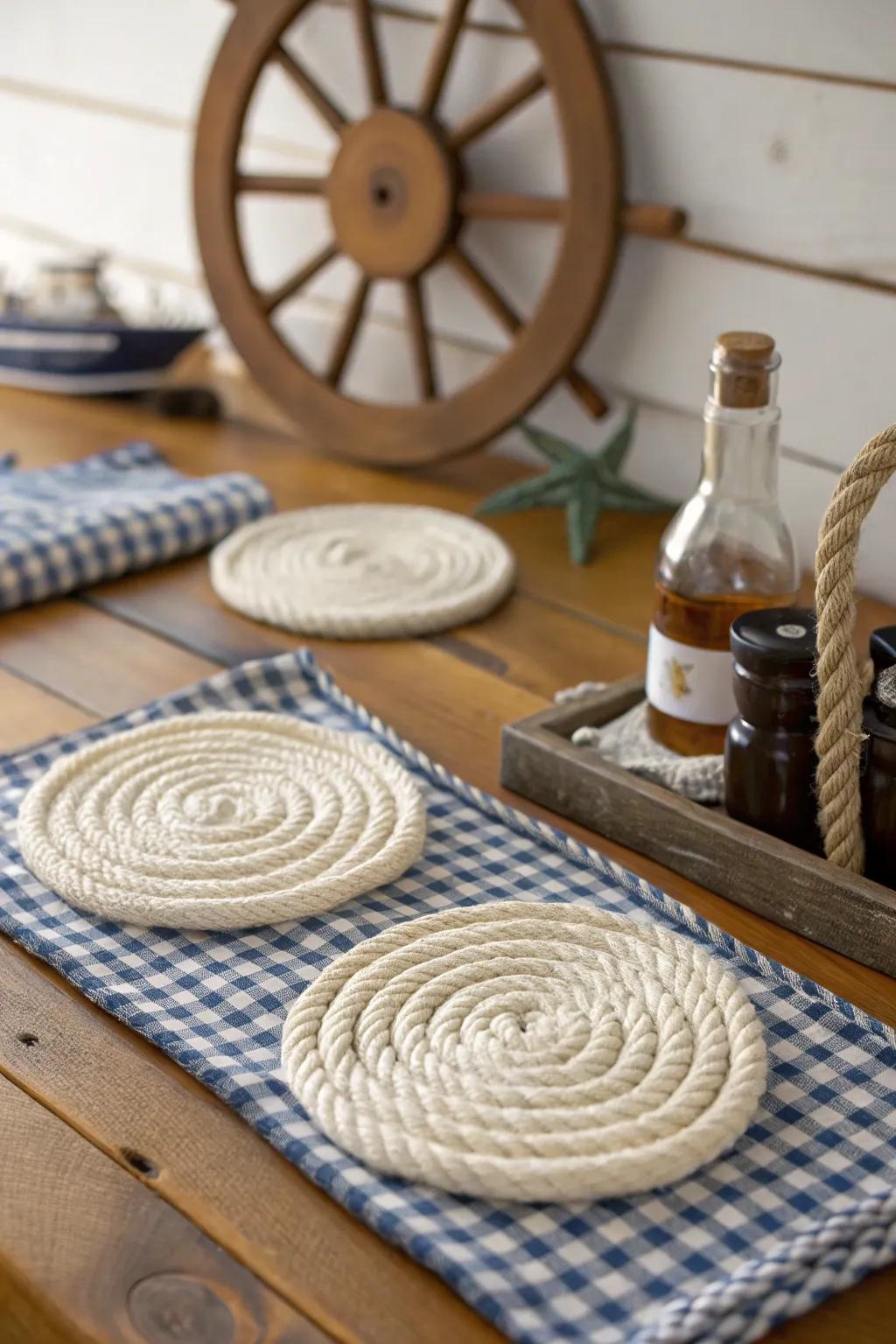 Rope coasters add a rustic touch to nautical decor.