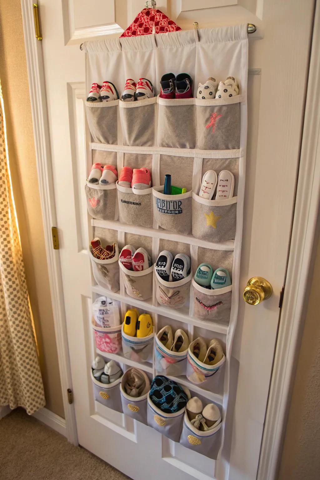 Inventive use of a shoe organizer for housing baby necessities within the nursery.