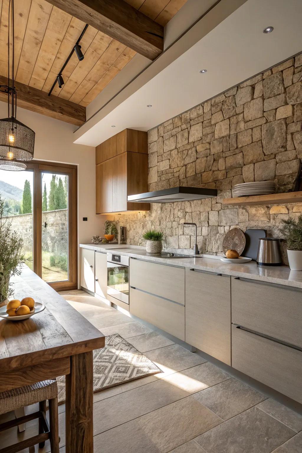 Layered textures contribute depth and richness to the kitchen’s design.