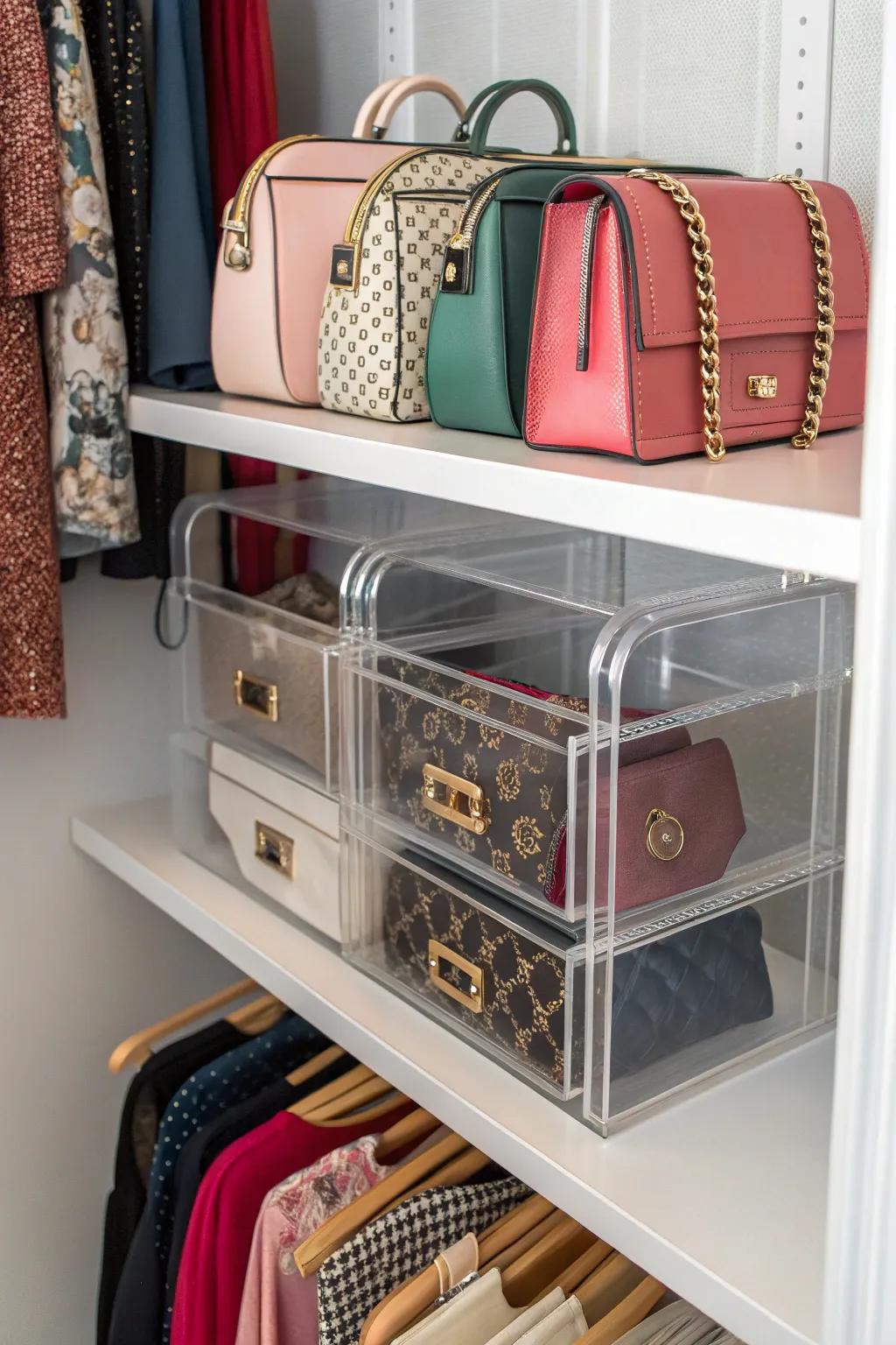 Acrylic dividers create a chic and organized purse display.