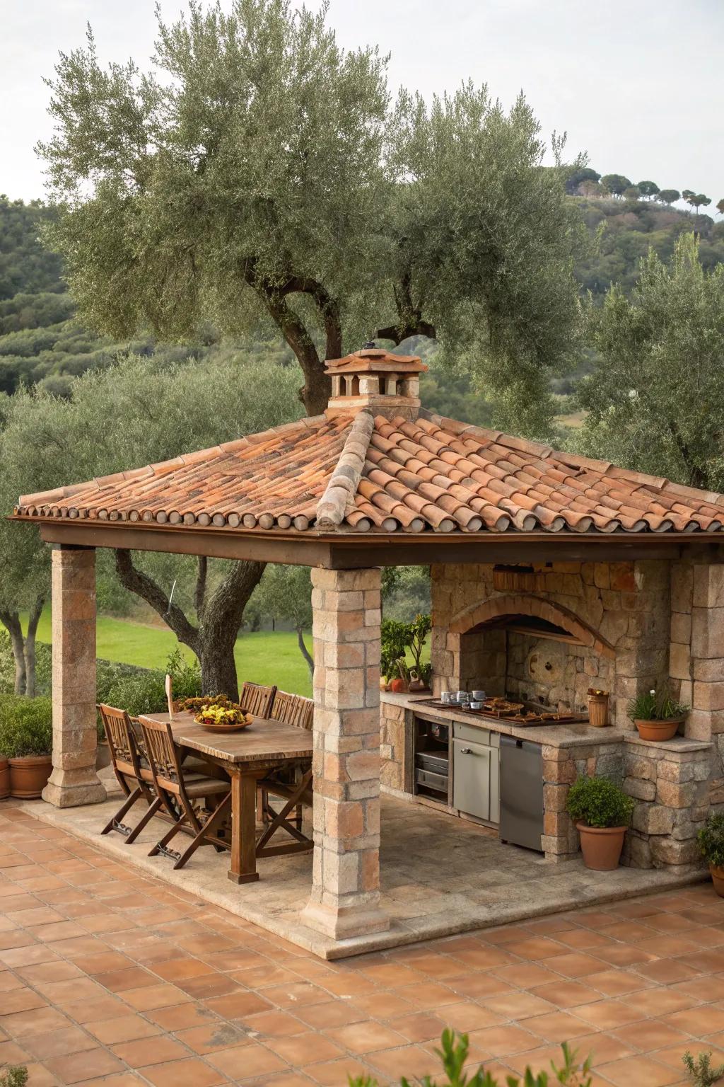 Build a Mediterranean haven with an elegant outdoor kitchen gazebo.