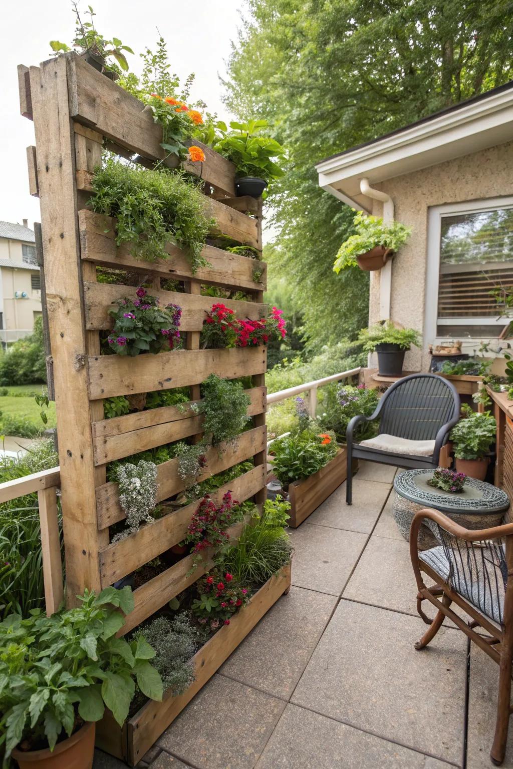 A vertical garden made from pallets adds green to a patio space.