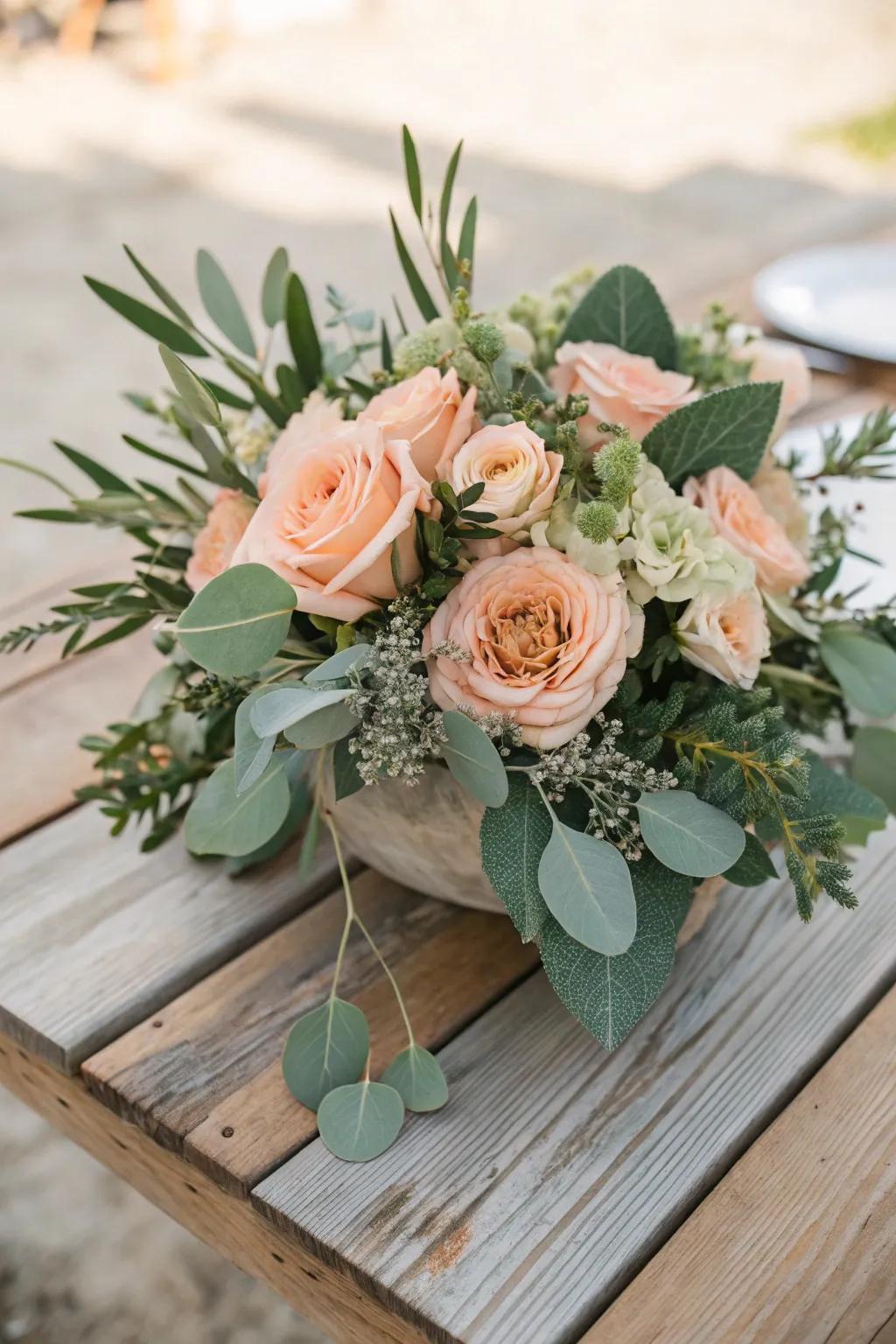 Nature-inspired peach and sage centerpiece for an enduring aesthetic.