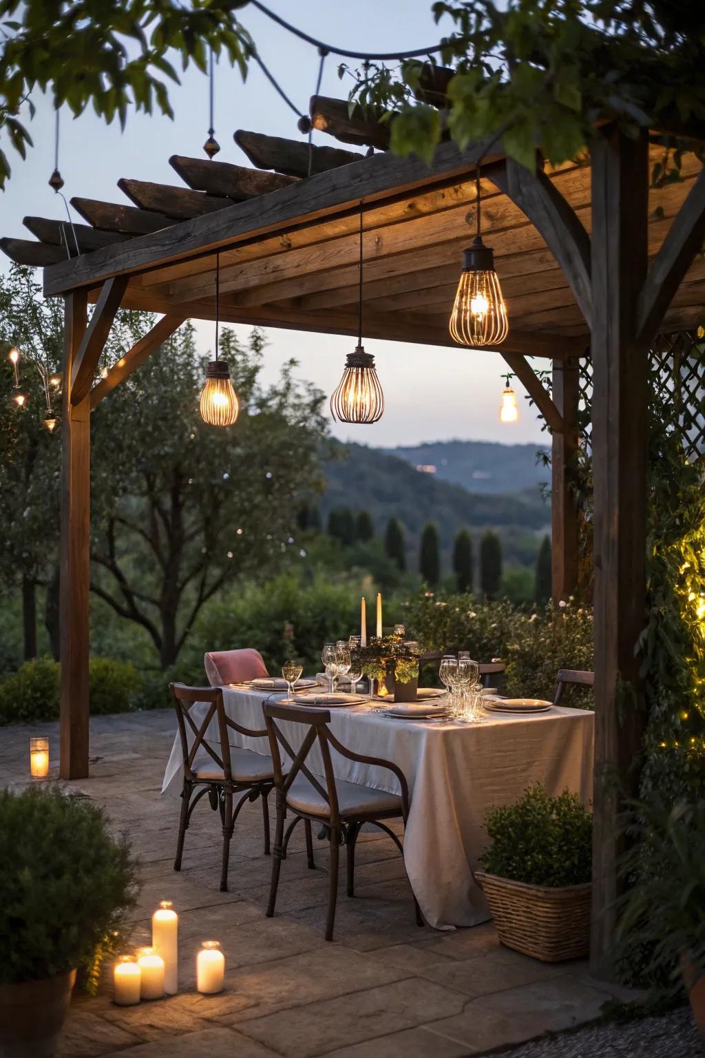 Hanging lights fashion a snug ambiance for get-togethers.