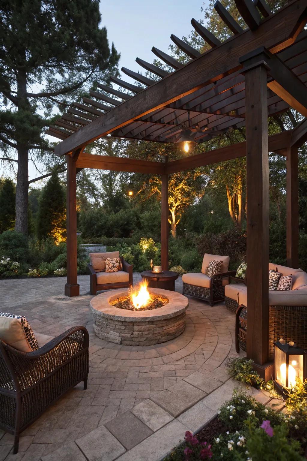 The warmth and atmosphere of the pergola are enhanced by a central fire pit.