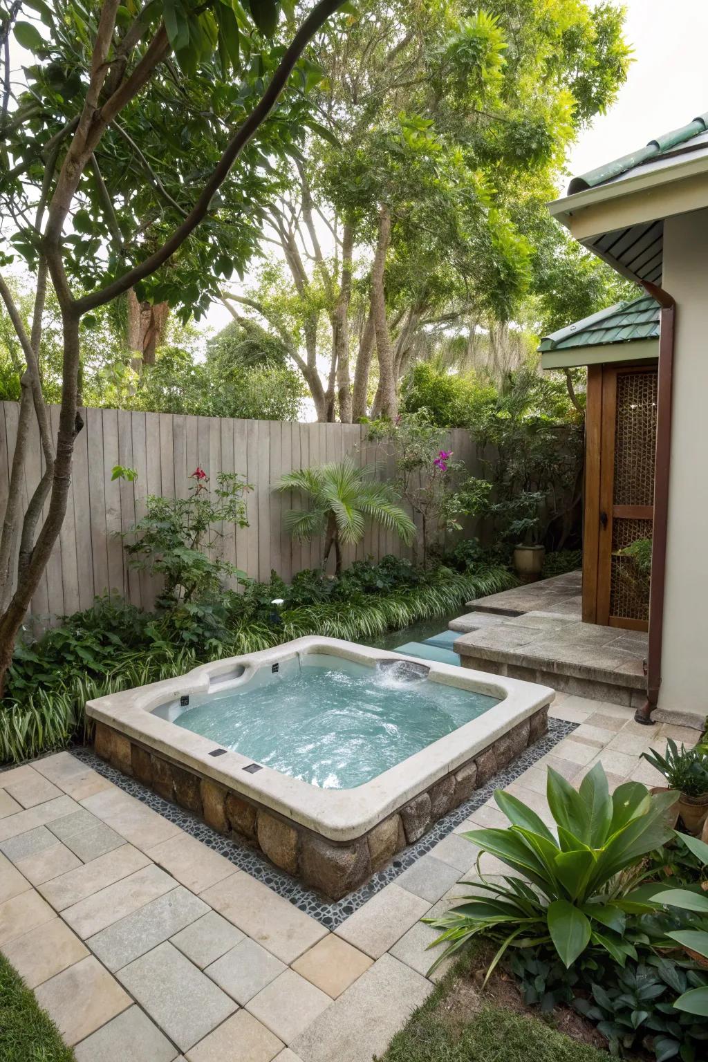 A hot tub integration adds a touch of luxury to small backyards.