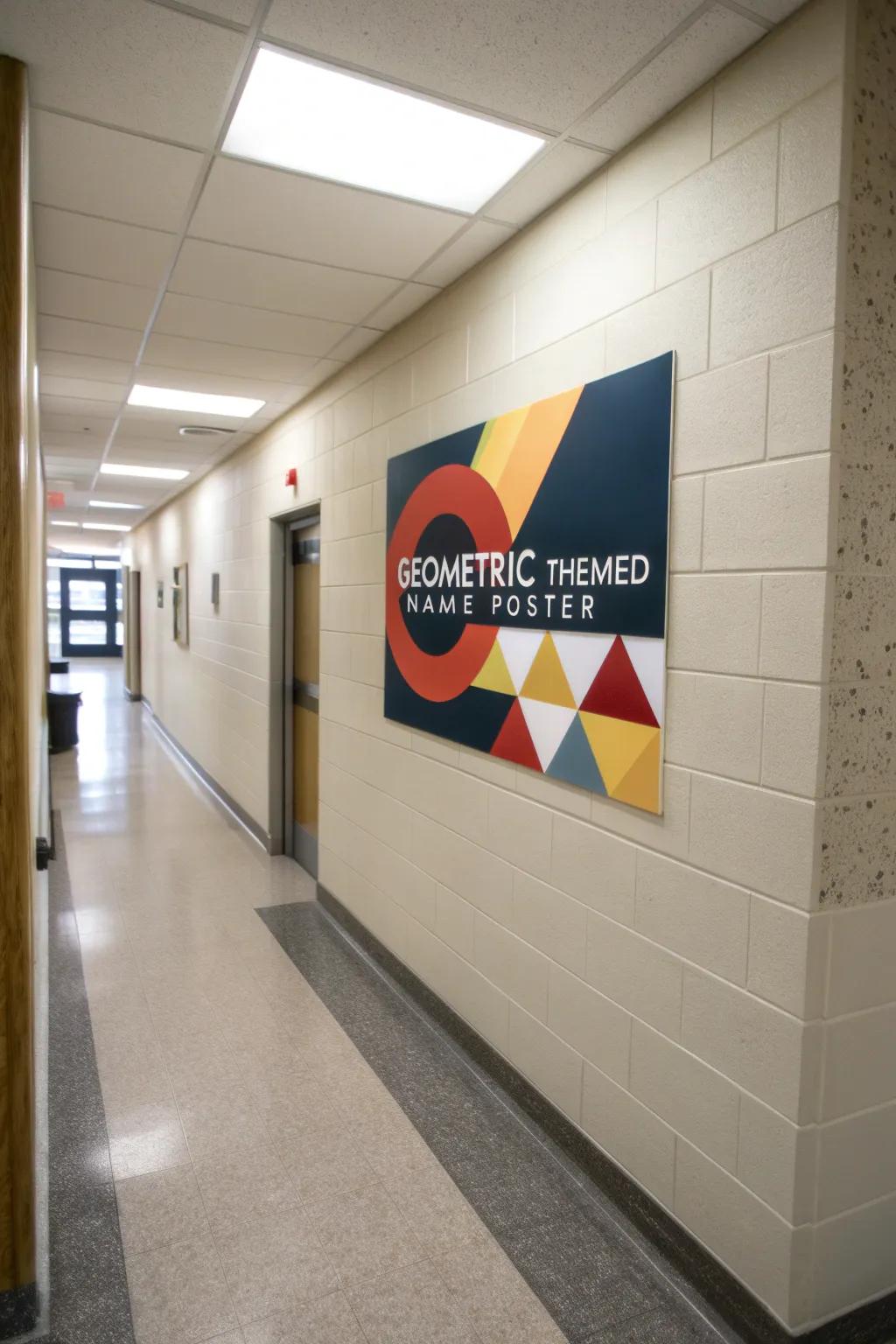 A geometric name sign contributing a contemporary edge to a passageway.