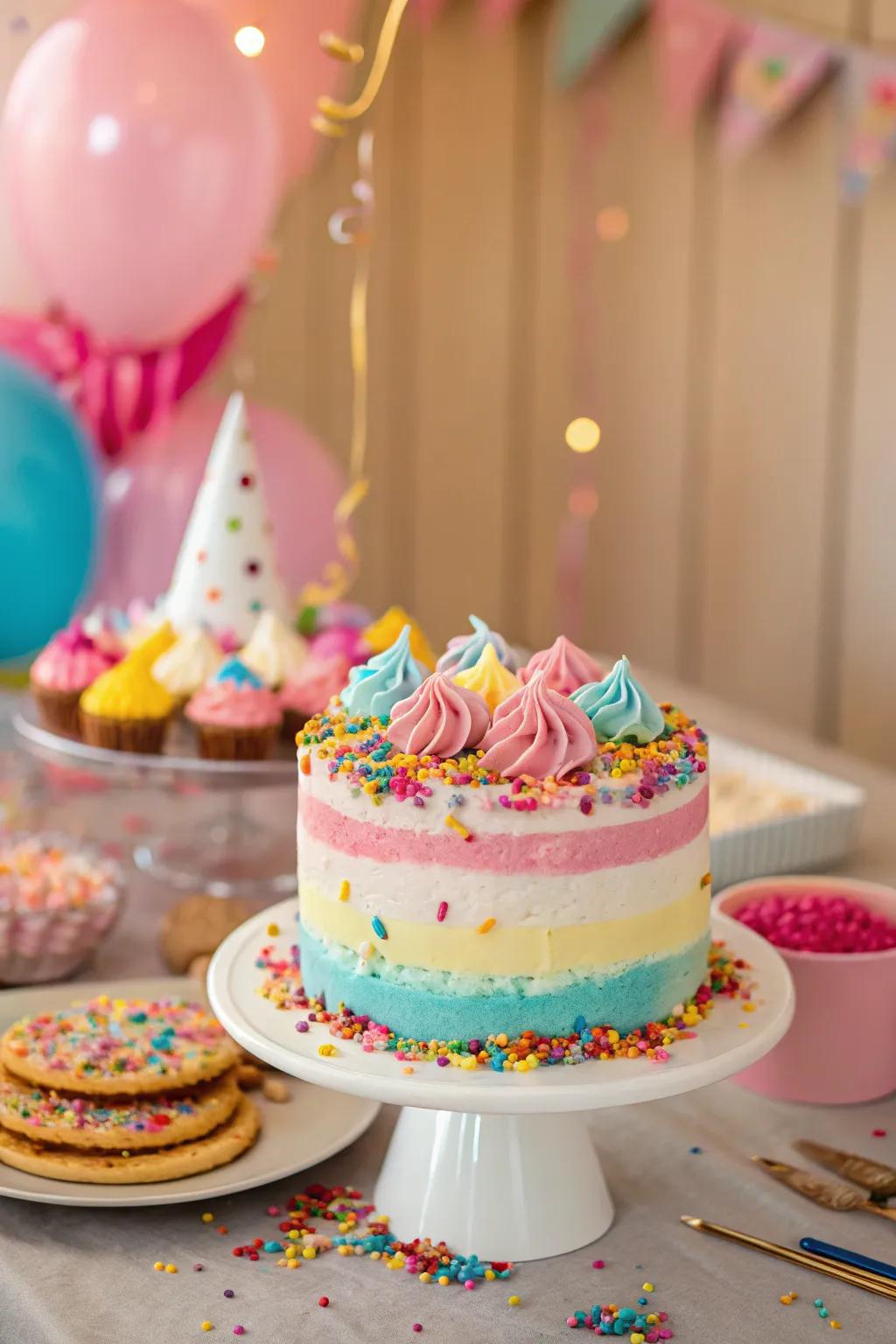 A confetti cake serves as a colorful and delicious centerpiece.