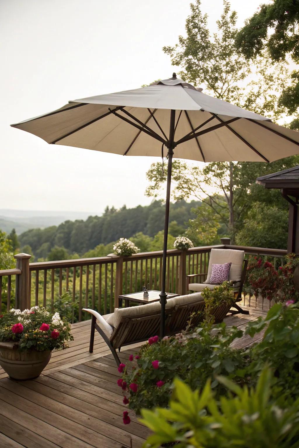 A large parasol offers adjustable shade and solitude on a deck.