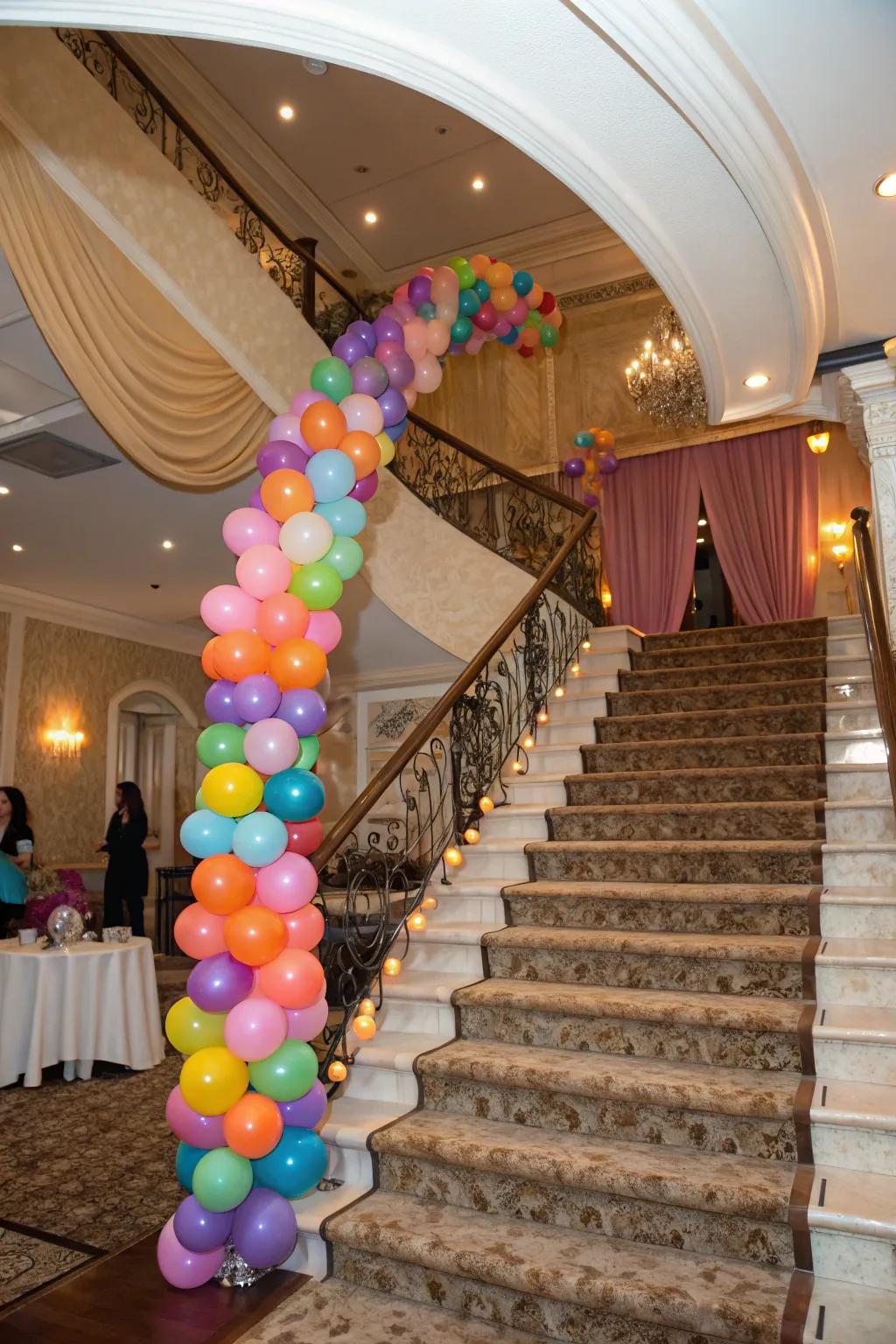 Balloon overheads render staircases inviting and festive.