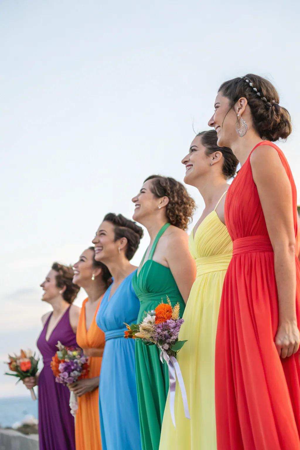 Bridesmaids flaunting a spectrum of colors in their attire.