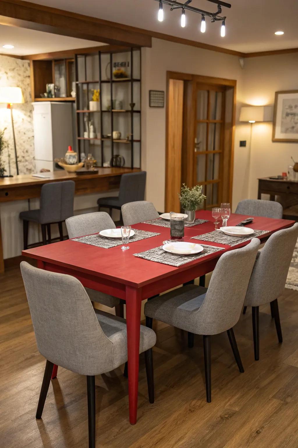 A dining room featuring a scarlet table and silver chairs.