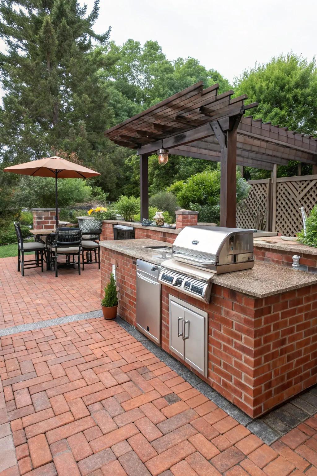 A red brick patio showcasing a modern outdoor kitchen