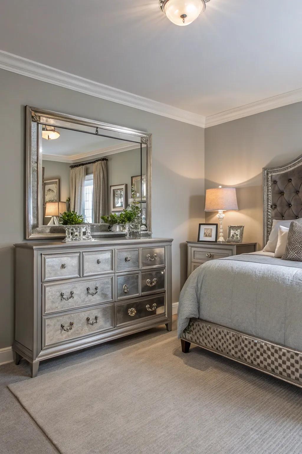 Reflective features add sophistication and light to a Stone Echo bedroom.
