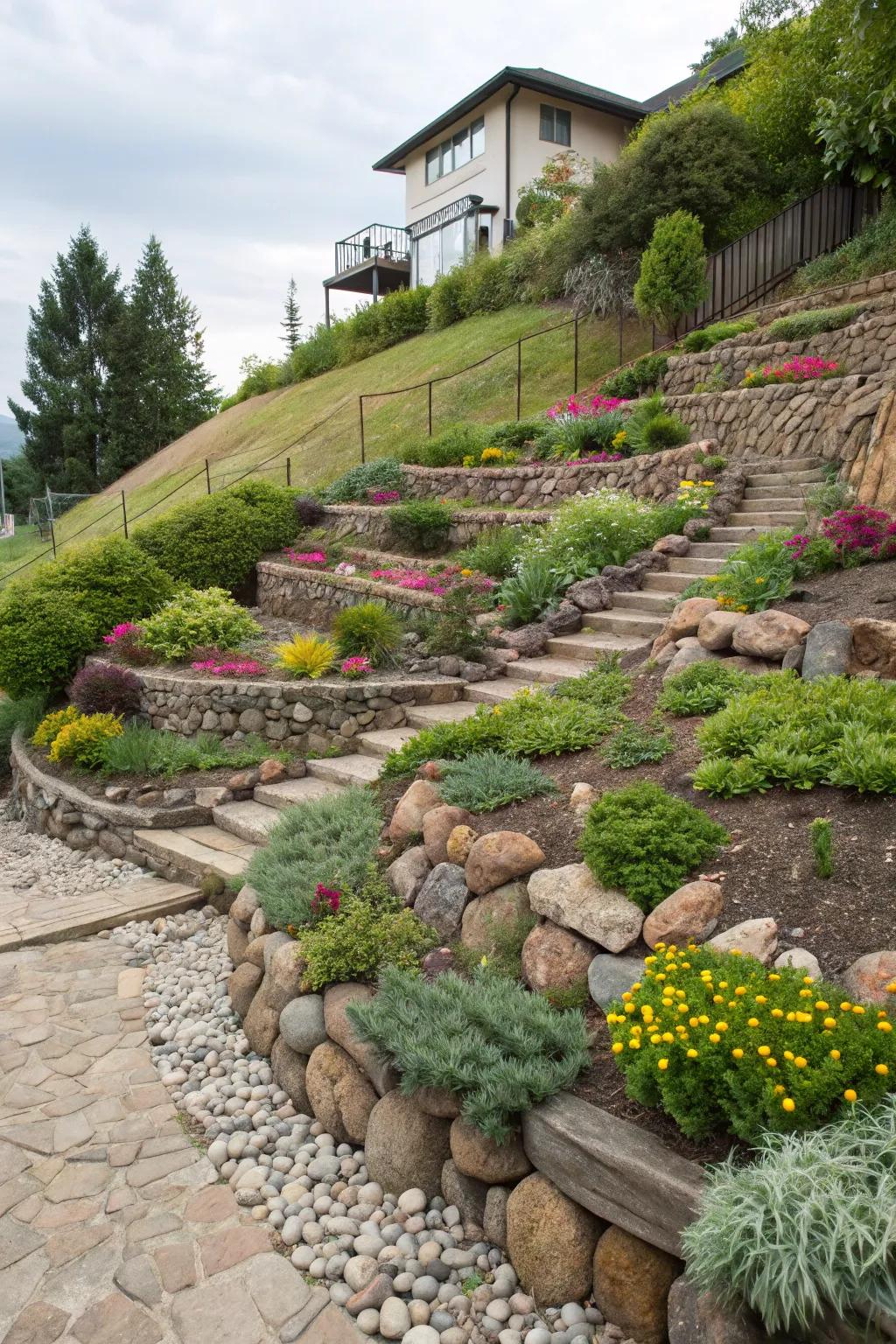 Transform sloping gardens with structured river rock terraces.