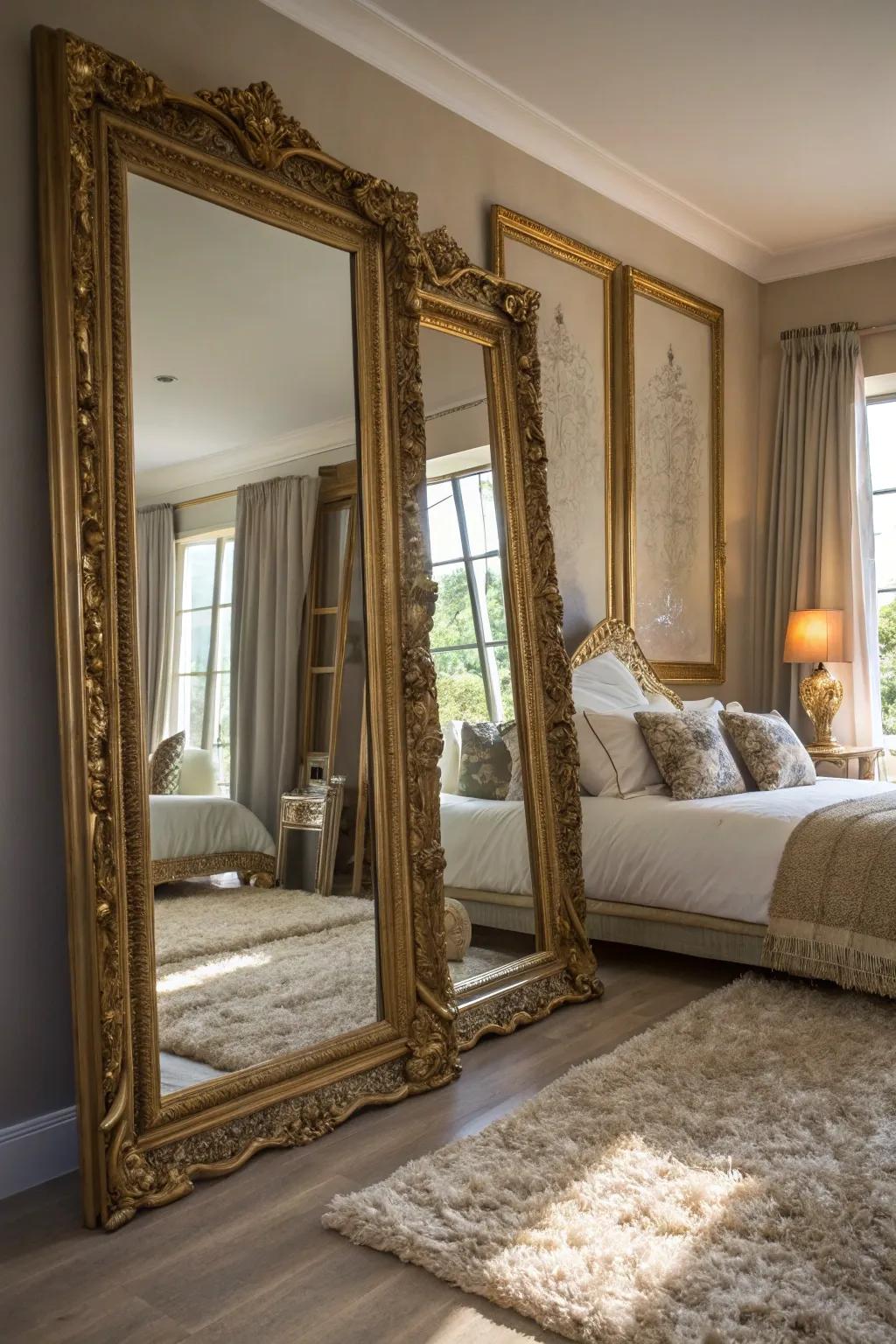 Ornate mirrors enhance light and add a glamorous touch to this bedroom.