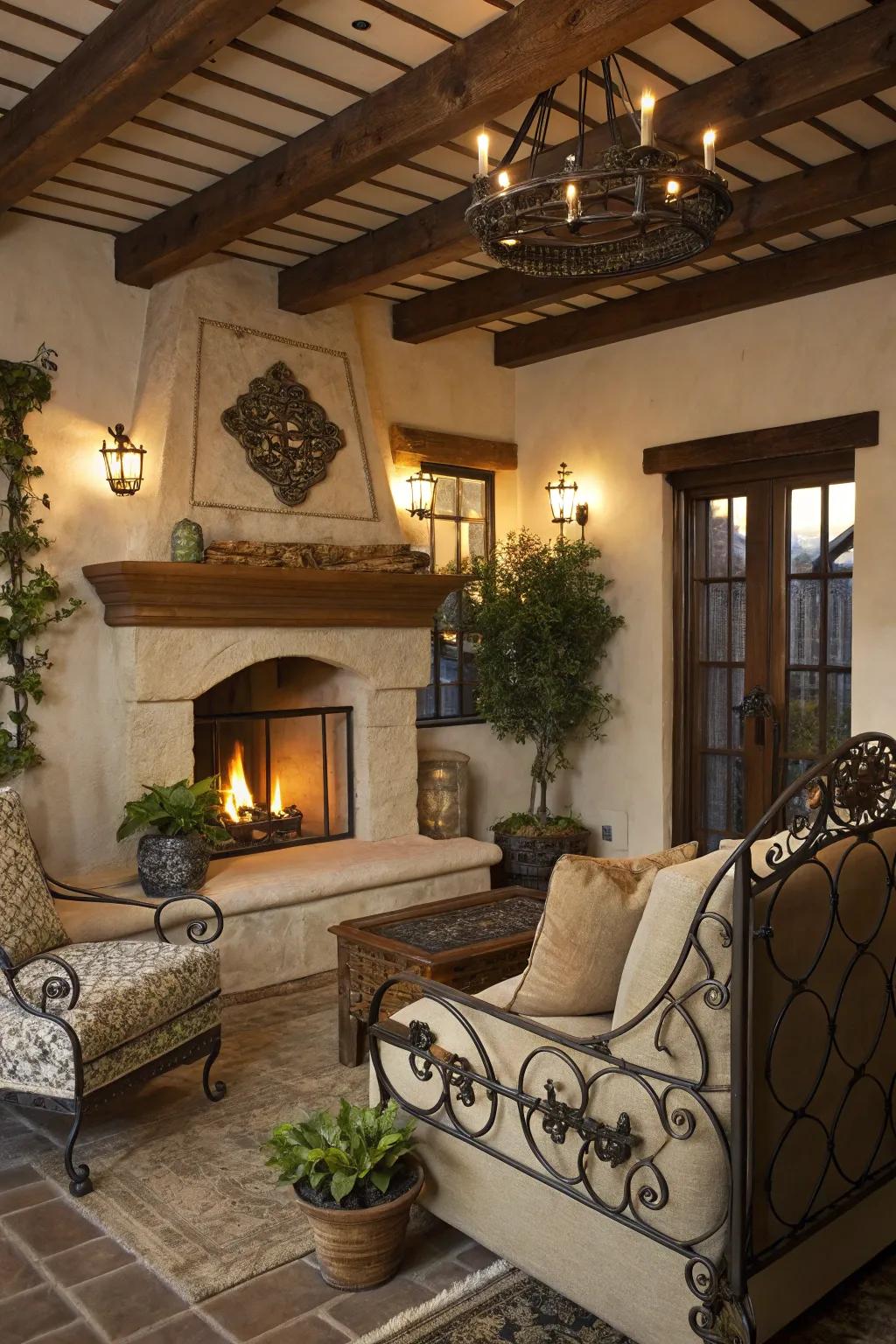Wrought iron infuses countryside sophistication and contrast to living area spaces.