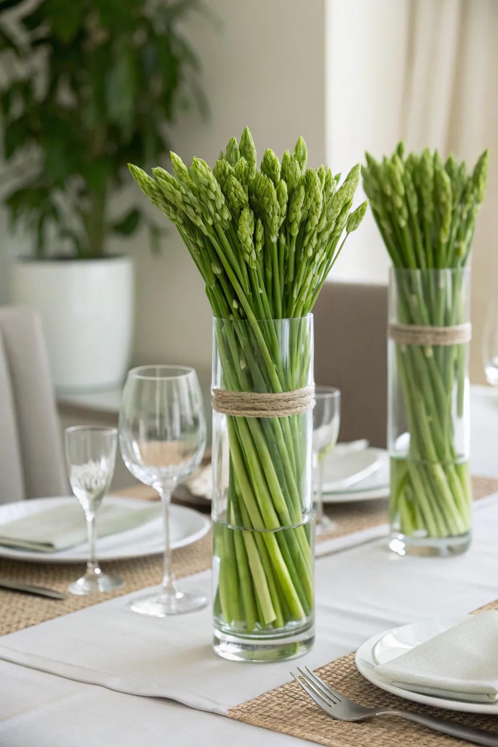 Sage green stems elegantly highlighted within clear glasswork.