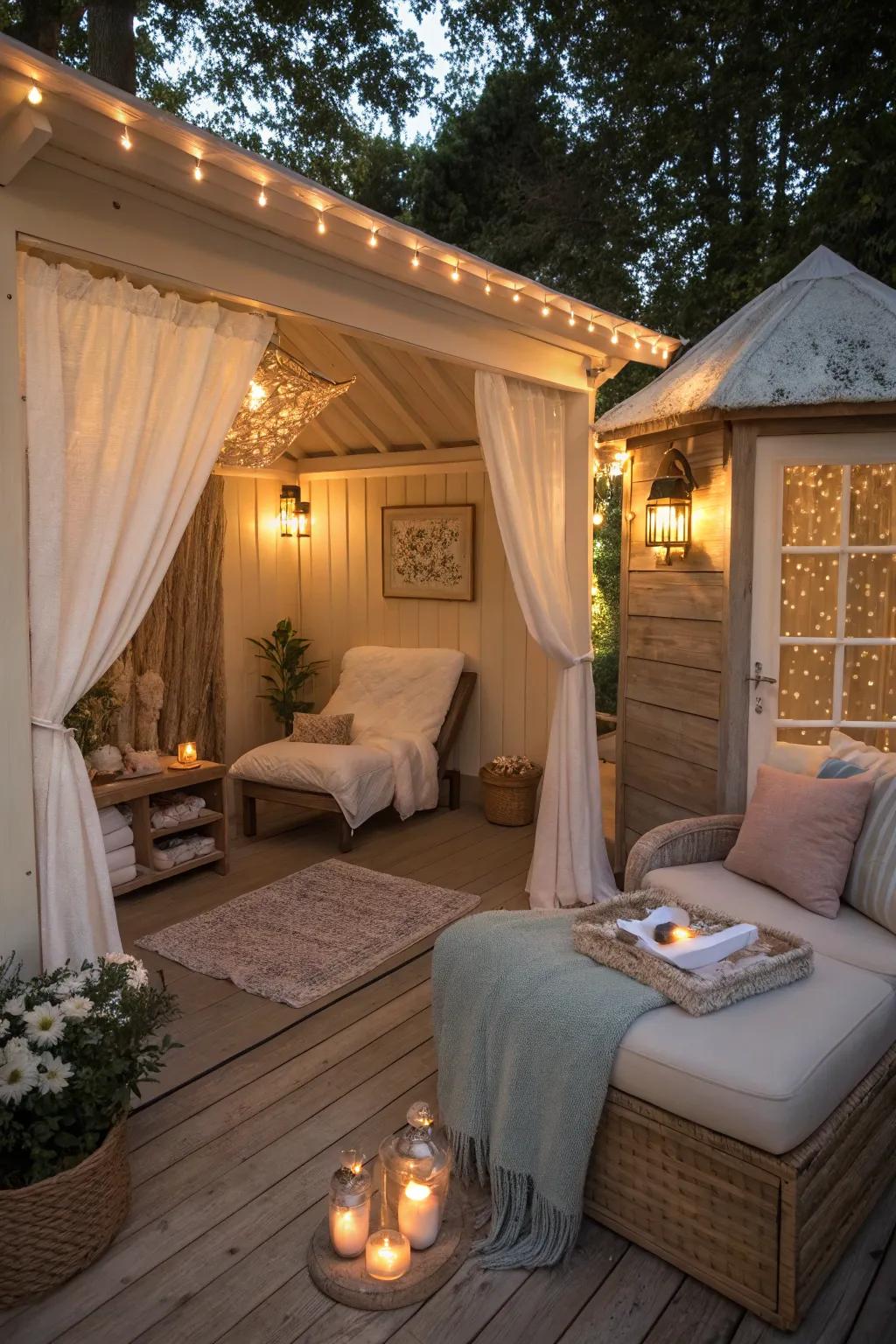 A tranquil she shed spa retreat for ultimate relaxation.