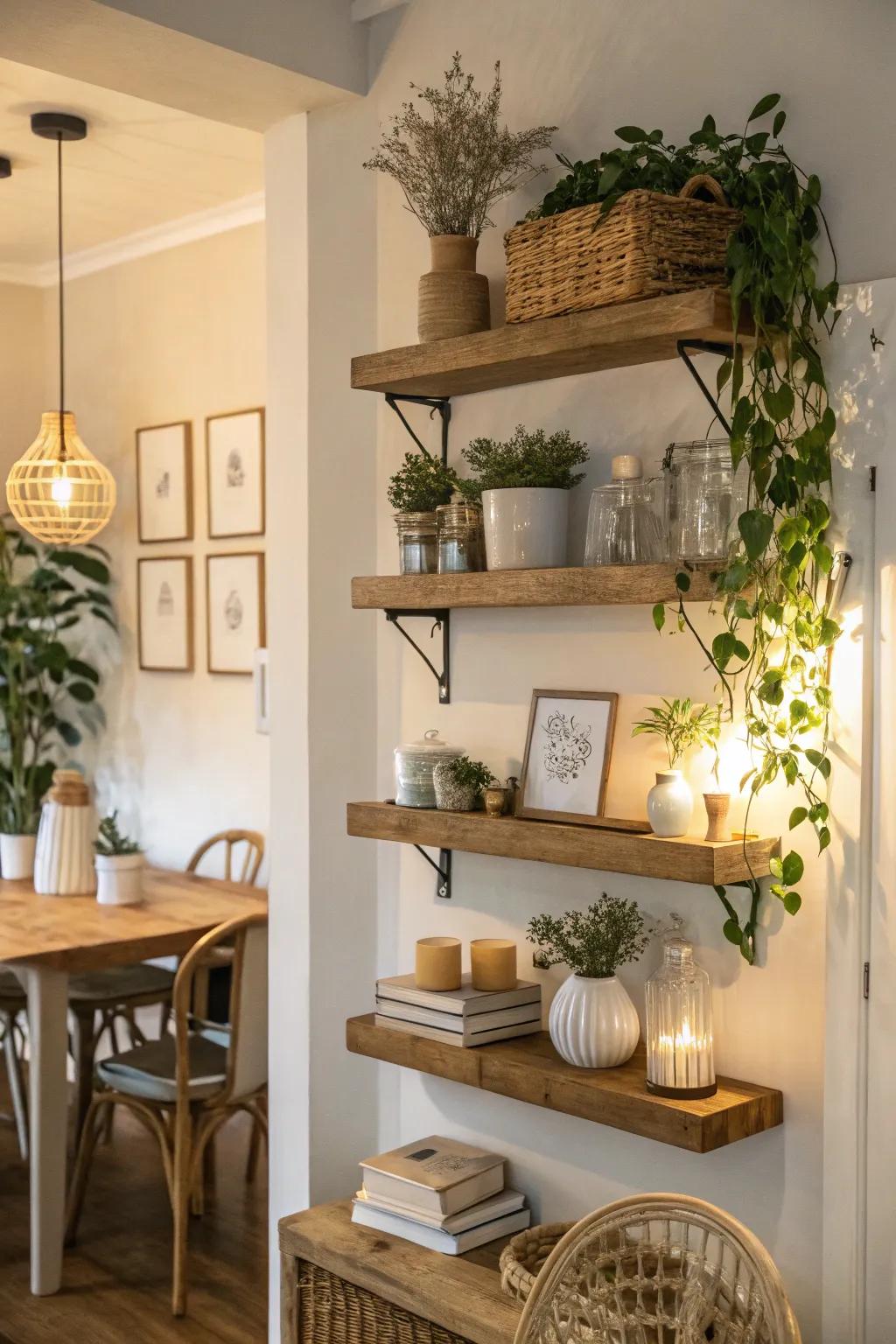 Floating shelves bring an airy vibe to the dining room.