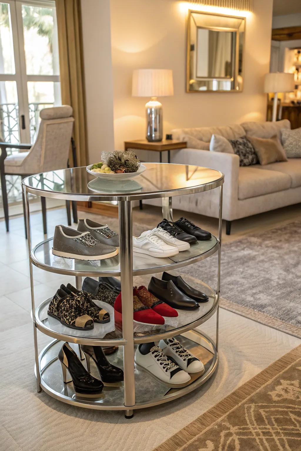 Add a geometric flair with a circular shoe rack.