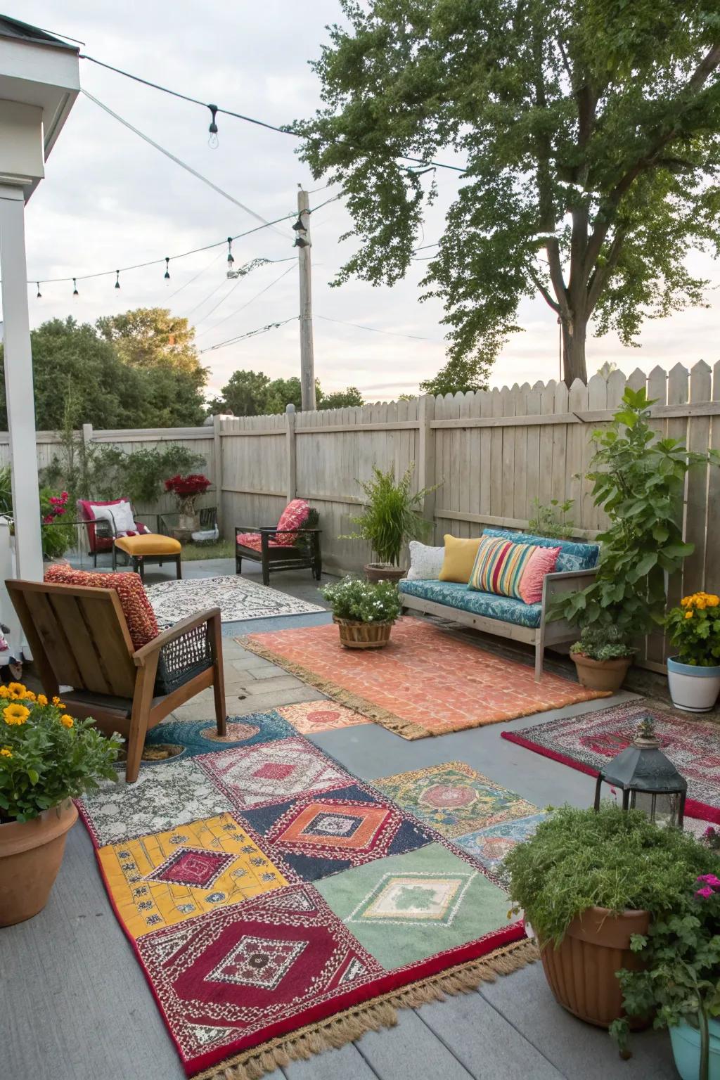 Outdoor carpets contribute color and comfort to your patio.