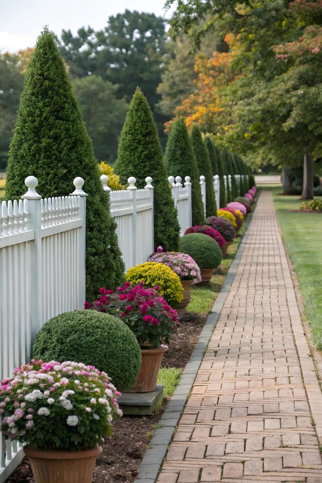 Symmetrical designs bring order and balance to fence line landscaping.