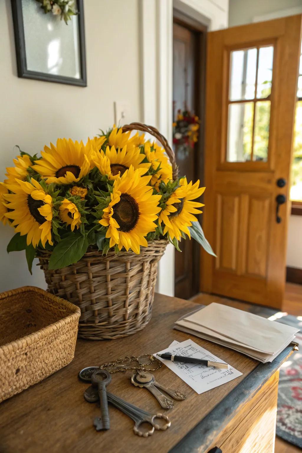 A rustic basket filled with sunflowers is a warm welcome for any guest.