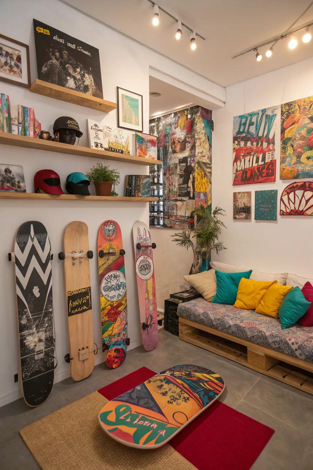 Unify your decor with functional skateboard elements.