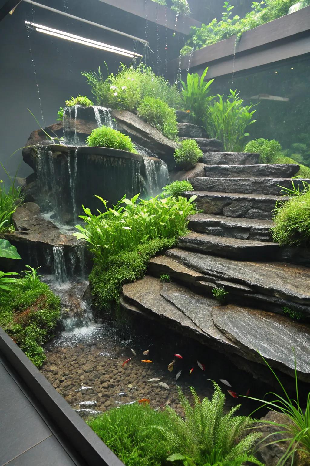 Tiered slate terraces showcasing vibrant plants.